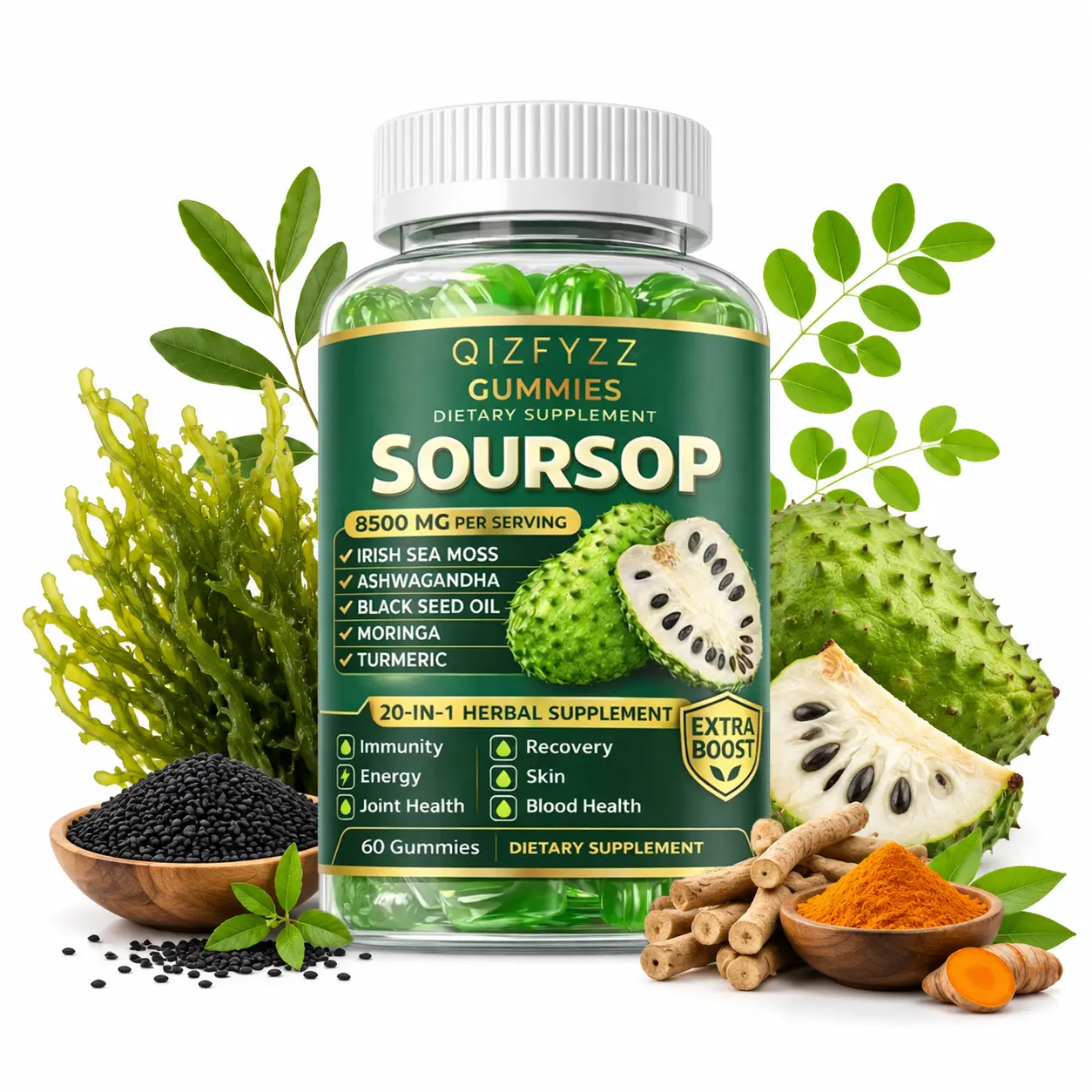 Soursop Gummies 20-in-1 Herbal Complex – Sea Moss, Moringa, Turmeric, Black Seed Oil & Ashwagandha | Immune Support & Daily Wellness | Vegan, Non-GMO | 60 Gummies