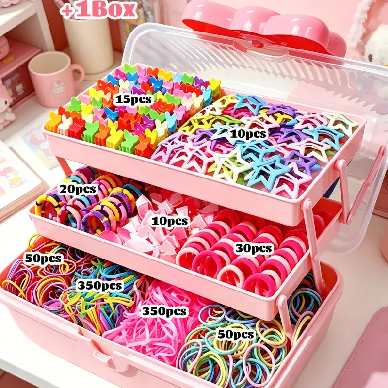 886pcs Girl Pink Bow Hair Accessory Gift Box, Cute hair accessories, Hair Accessory Set, Includes 3-Layer Storage Box, Bow Clips, Star Pins, Small Claw Clips & Gentle Hair Ties, for Daily Commuting, School, Performances, A Birthday Gift for Girls