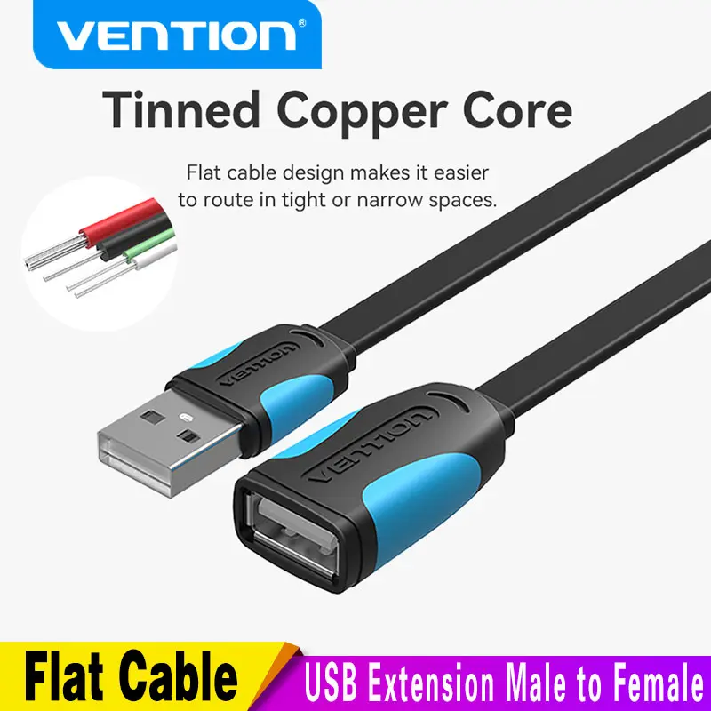 Vention USB 2.0 Extension Flat Cable 1M 2m 3m Male to Female Extender Cable Fast Speed USB Cable Extended for laptop PC Cellphone USB Extension 0.5m