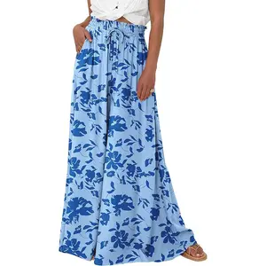 PrettyGarden Women's Floral Boho Pants Wide Leg Palazzo Flowy Elastic High Waist Summer Beach Trousers With Pockets