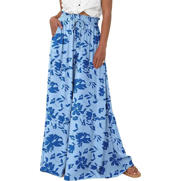 PrettyGarden Women's Floral Boho Pants Wide Leg Palazzo Flowy Elastic High Waist Summer Beach Trousers With Pockets