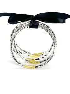 Black White Snake Skin Silicone Bangle with Gold Foil, Trendy Stackable Resin Bracelet Gift