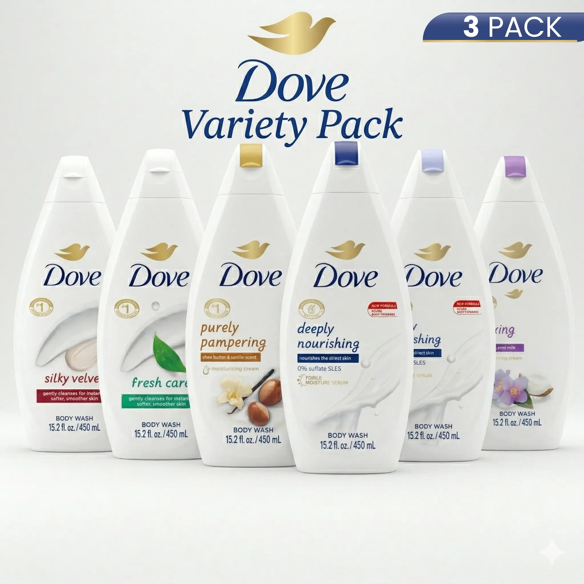 Dove Body Wash Variety Pack with 1/4 Moisturizing Cream, Hydrating Gentle Cleanser for Sensitive Skin, 3-Pack of 15.2 oz Bottles, Moisturizer