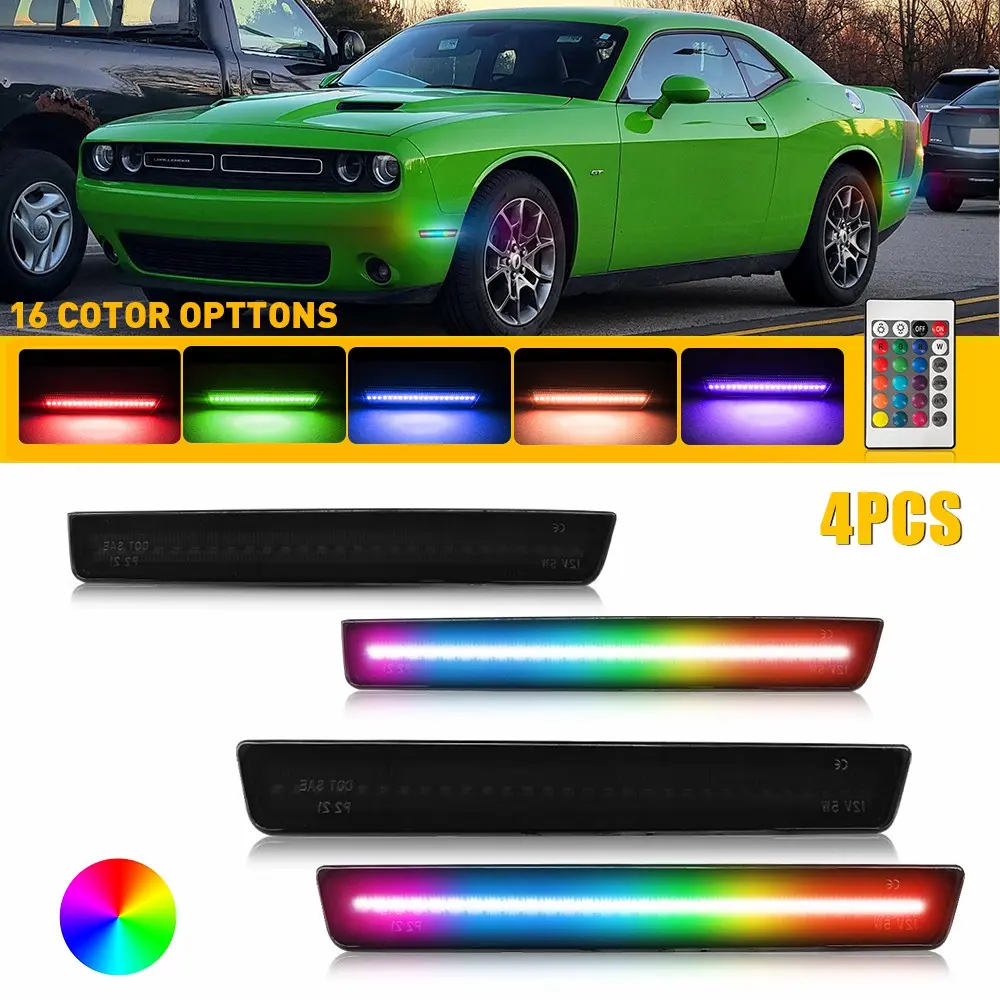 RGB LED Side Marker Light For Dodge Challenger 2008-2014,2015-2023 Smoked Lens SET Dynamic
