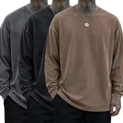 Vintage washed distressed texture unisex long-sleeve T-shirt, 100% pure cotton, relaxed drop-shoulder crew neck, available in multiple colors, casual basic top for couples