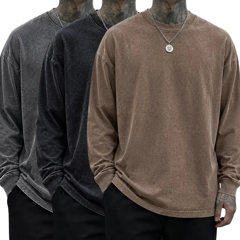 Vintage washed distressed texture unisex long-sleeve T-shirt, 100% pure cotton, relaxed drop-shoulder crew neck, available in multiple colors, casual basic top for couples