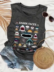 Shark Faces Whitetip Reef Letter Print Sleeveless Round Neck Vest Tank Tops Fitted, Casual Style, Moderate Fabric Thickness, All Seasons Wear