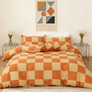 3-Piece Orange Checkerboard Geometric Digital Print Duvet Cover Set, Includes 1 Duvet Cover and 2 Pillowcases (Without Insert), Soft & Breathable Fabric, Ideal Gift, Ensures Comfortable Sleep.
