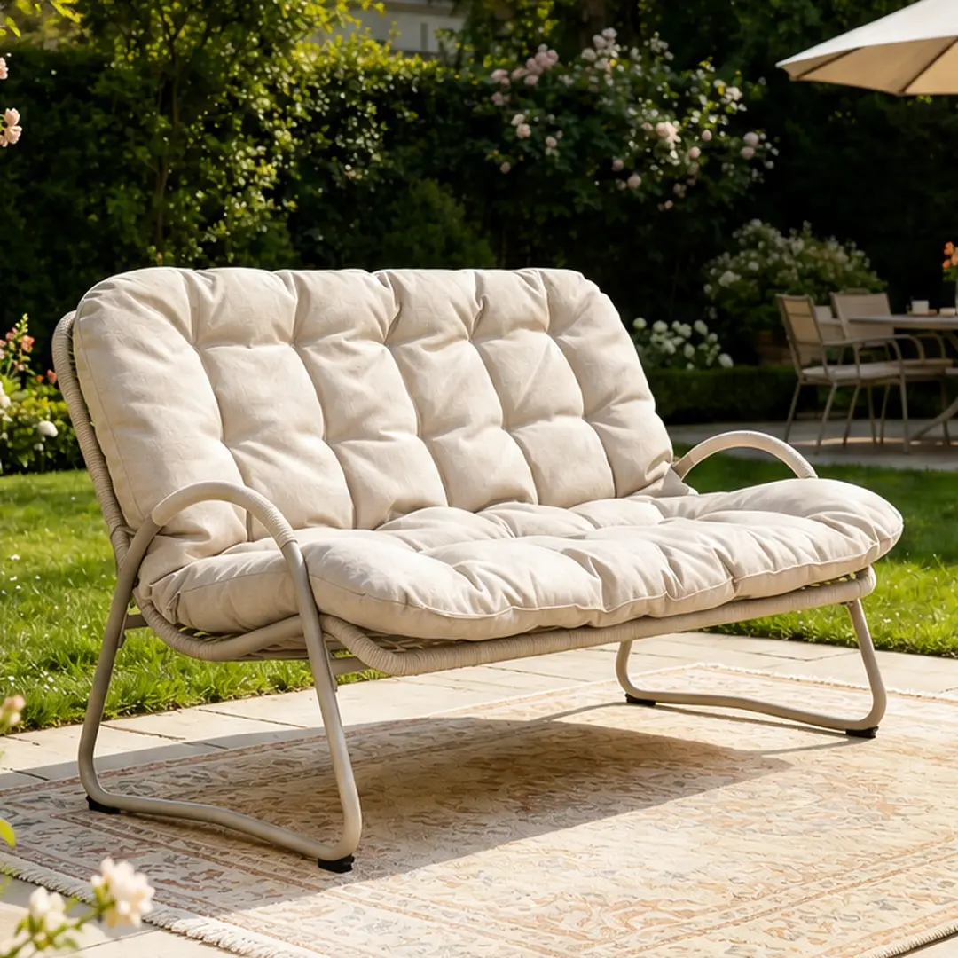 ARCH Outdoor Double Chair with Cushion, PE Rattan Wicker Patio Sunlounger for Two, Heavy Duty Steel Frame, 529 lbs Capacity, Off White, Weather Resistant for Garden, Poolside, Backyard Relaxation, Off White Color Options, Steel Material