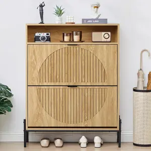 Giratree Fluted Wooden Shoe Cabinet with 2 Flip-Down Drawers, Slim Freestanding Shoe Organizer for Entryway or Hallway