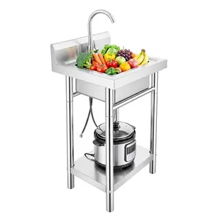 Free Standing Stainless-Steel Single Bowl Commercial Restaurant Kitchen Sink Set w/Faucet, Prep & Utility Washing Hand Basin w/Storage Shelve, laundry tub for Indoor Outdoor (22in)