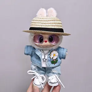 Labubu Doll Clothes Set 7PCS GD Style – Fashion Straw Hat, Glasses, Denim Outfit, T-shirt, Canvas Shoes & Necklace Accessories (Labubu Not Included)