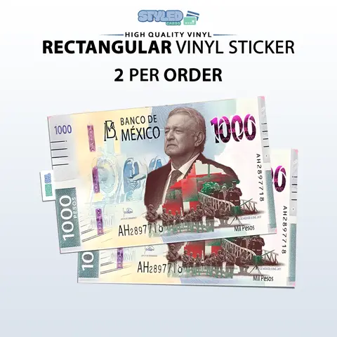 Banco de Mexico All Pesos of AMLO rectangle vinyl sticker - 1000 Pesos, Features Currency Design and Credit Card Features