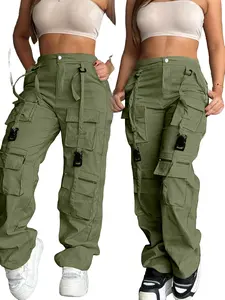 Women's Loose Fit Cargo Pants, Solid Color, Multiple Pockets, Zipper Fly, Casual Street Style, Spring & Fall, Long Pants for Outdoor Activities