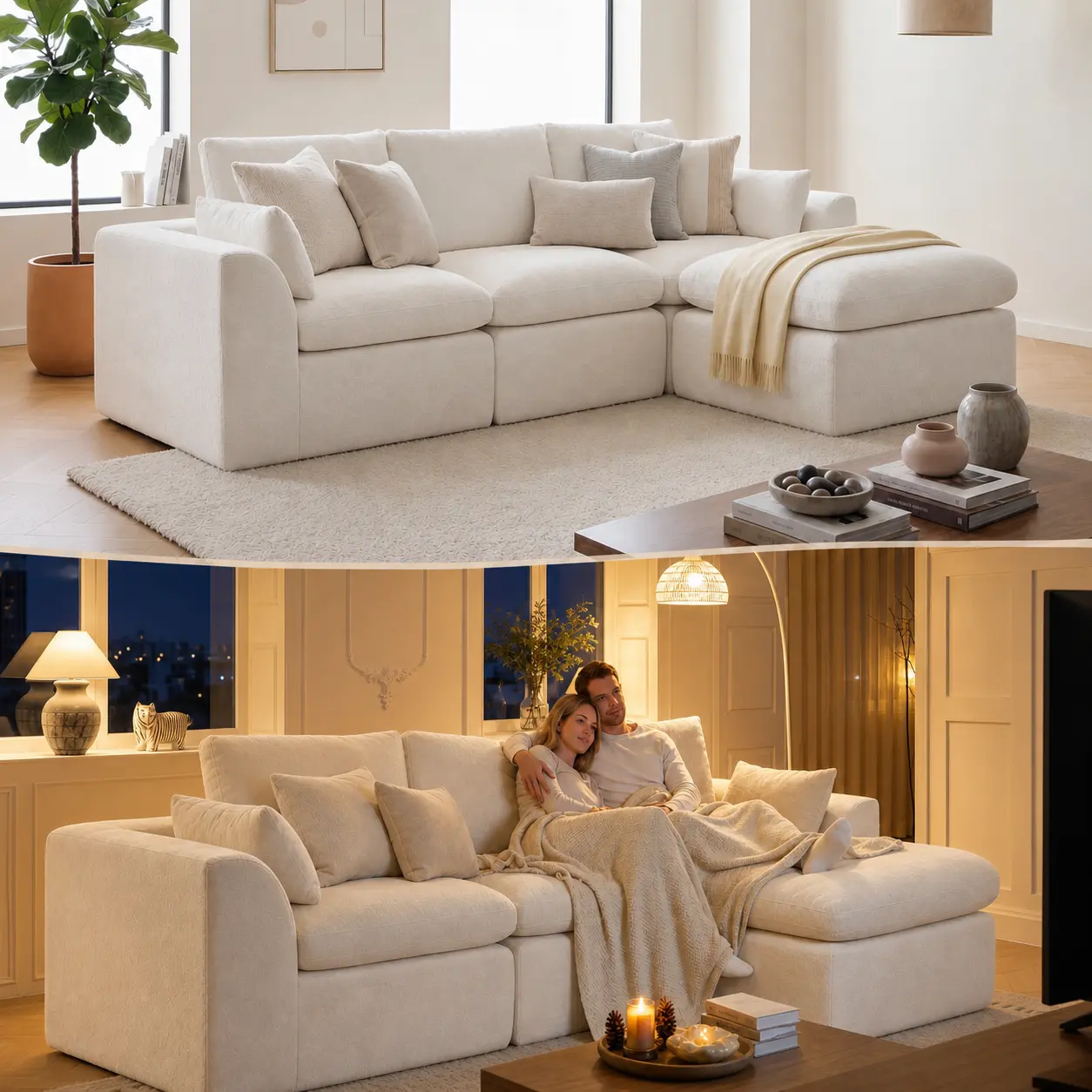 108in L-Shape Boneless Modular Sectional Sofa with Ottoman, No-Assembly Compressed Cloud Couch, Comfy Apartment Space-Saving Contemporary Living Room Furniture, Boneless Sectional Couch