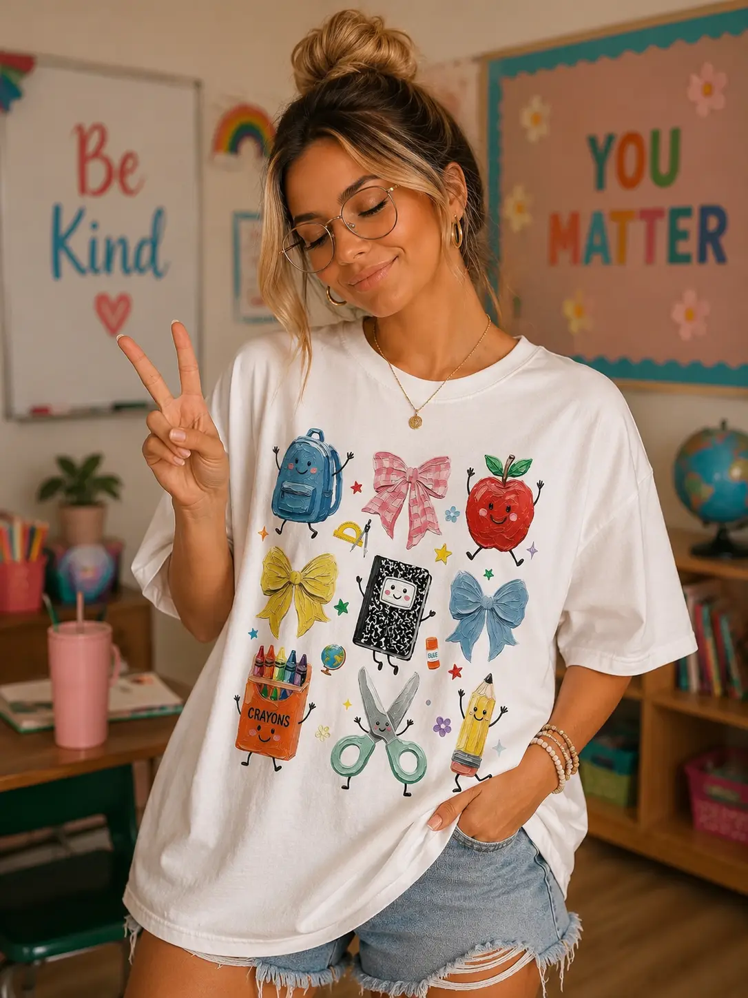 Cute School Supplies Friends Shirt, Back to School Graphic Tee, Kawaii Classroom Supplies Teacher T-Shirt, Elementary Womenswear