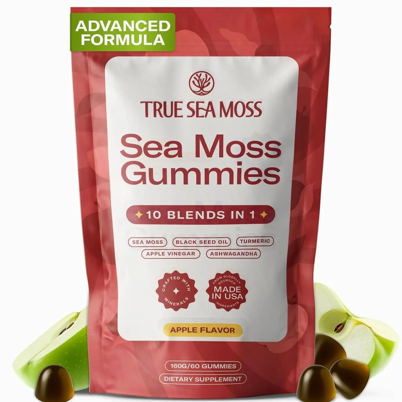 TrueSeaMoss Sea Moss & Apple Cider Vinegar Gummies – 10-in-1 Blend with Black Seed Oil, Ashwagandha, Turmeric, Burdock Root & Bladderwrack – 60 Gummies