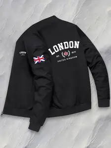 Men's British Style Pilot Jacket, Uk Flag Print, Zip Casual Outerwear, Polyester, Daily Travel Wear