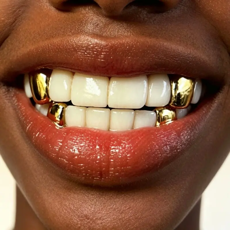 18k Plated Hiphop Style 4-Piece Upper Jaw Tooth Caps, Comfortable Fit Teeth Decoration for Party Wear (Beauty & Personal Care Manicure Tool Accessory)