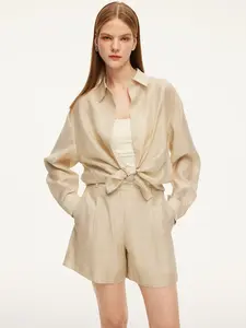 Tencel Acetate Linen Blend Women Sheer Oversized Shirt & Camisole Two-Piece Set