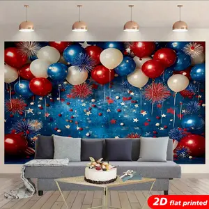4th of July Star Tapestry Wall Hanging - Red White Blue Balloon Design, 2D Flat Printed Photo Backdrop, Memorial Gift for Independence Day Party, American Room Decor