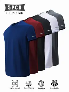 Five-Pack Men's Solid Color Sport T-Shirts, Reflective Strips, Geometric Pattern, Moisture-Wicking, Breathable, Gym, Training, Running