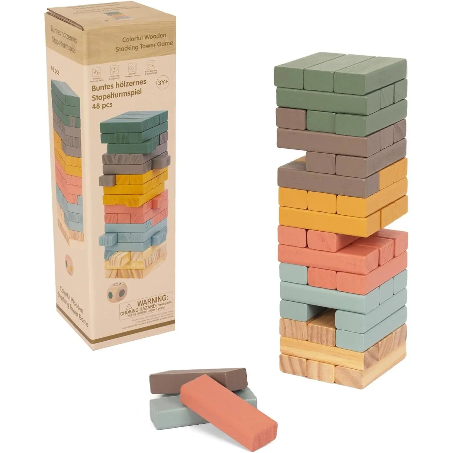 F-ITC17  Wooden Blocks Stacking Games, 48PCS Tumbling Stacking Blocks Game for Kids and Families, Wood Colorful Balancing Blocks Montessori Toys for Kids