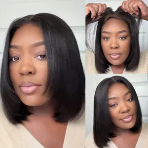 UNice Glueless Yaki Straight Short Bob Wig with Drawstring Pre-cut 7x5 HD Lace Human Hair Wigs with Bleached Knots Beginner Friendly Natural Hairline