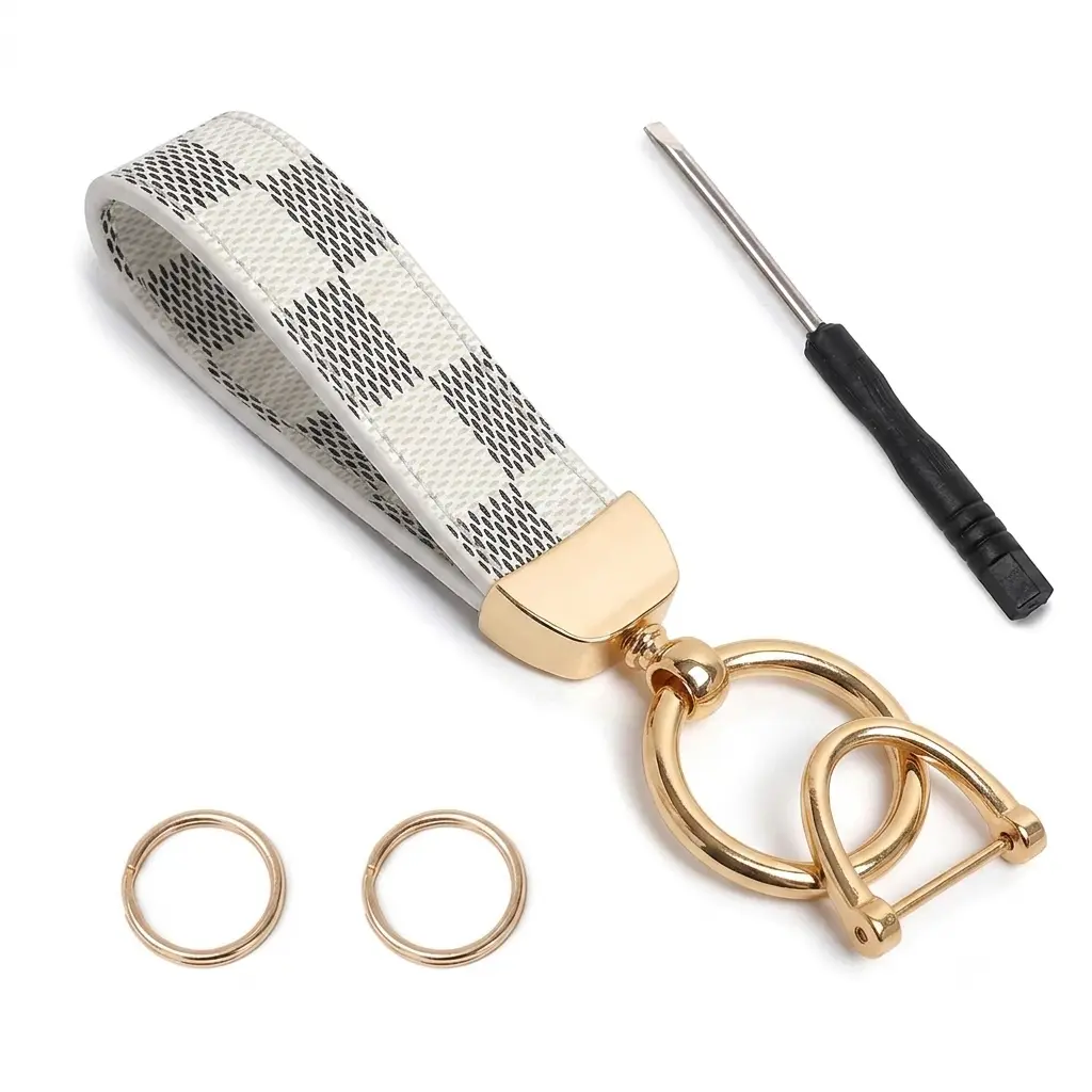 Aesthetic Leather Print Bag Charm & Keychain - Anti-Lost D-Ring Car Key Clip Holder, Durable Purse Accessory for Men, Women, Keychain Clasp, Miniature, Unisex, Check Print, Keychain Charms, Heavy Duty Key Ring