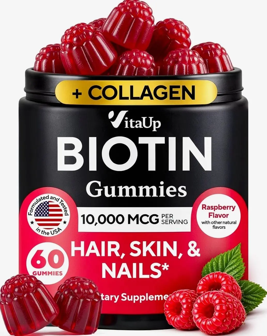 Biotin Gummies 10000mcg for Women and Men - Extra Strength Hair, Skin and Nails Gummies with Collagen - Natural Biotin Gummy Supplement for Hair, Skin, Nails Support - 60 ct