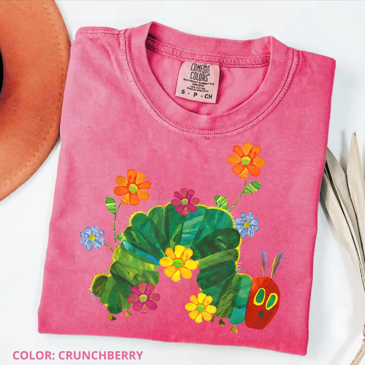 Women's The Very Hungry Caterpillar Comfort Colors Teacher T-Shirt - Made in US, Cute Floral Book Character Top, Fitted School Outfit, Reading Classroom Gift, Stylish Womenswear
