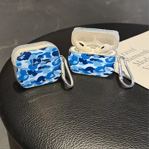Blue shark camouflage Protective Case Cover for Apple AirPods 1/2/3/4/Pro/Pro2 TPU Texture Lightweight and Durable Protection Anti-Scratch Shockproof Earphone Charging Box Accessory With Buckle