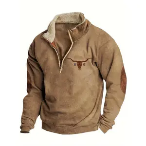 2026 Men'S Western Fleece Jacket Cowboy Bull Head Print Pullover 1/4 Zip Stand Collar Long Sleeve Sweatshirts Menswear Coats