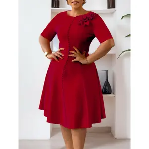 Women's Plus Size Orange Midi A-Line Flared Dress - Half-Sleeve, Round Neck, Floral Applique, Comfortable Fit, Flattering Cut, Chic Style - Elegant Formal Outfits for Church, Party