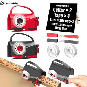 Breezeasy Wrapping Paper Cutter(2-Pack) & Tape Dispenser Dual Use with 4 Tapes，2 Replace Blades Kit for Christmas Gift Wrap Cutter Tool Paper Roll Holder Tube Sliding Slicing for Birthday Holiday