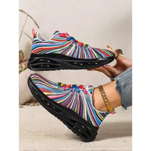 Women's Casual Sneakers Low Top Breathable Fabric Lace-Up Shoes, Rainbow Stripe Design, Comfortable Shock Absorption Sole, All-Season Wear Sports Shoes