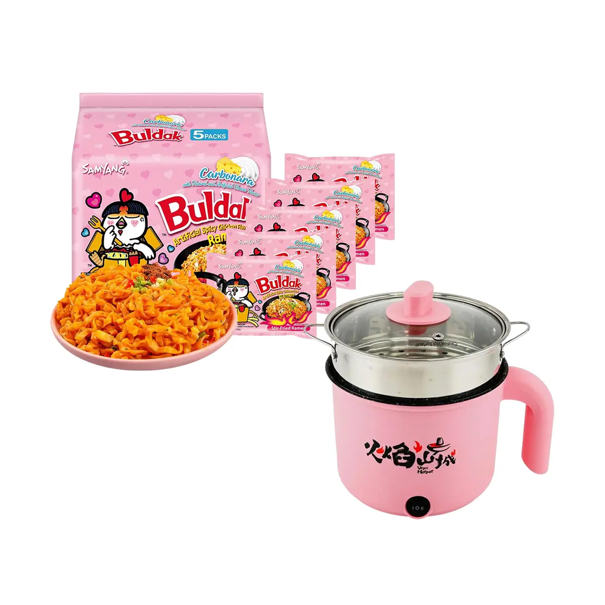 Samyang Korea Buldak Noodles Carbonara Stir-Fried Ramen 5 Packs* 4.58oz with Cooking Pot （Radom Color）Instant Ramen Noodles Food Korean Flavor