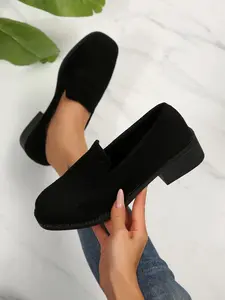 Women's Soft Sole Non-Slip Velvet Square Toe Chunky Heel Loafers, Stylish Comfortable Office Work Shoes, Plus Size Wide Feet Spring Fall Single Shoe, Square Toe Heels