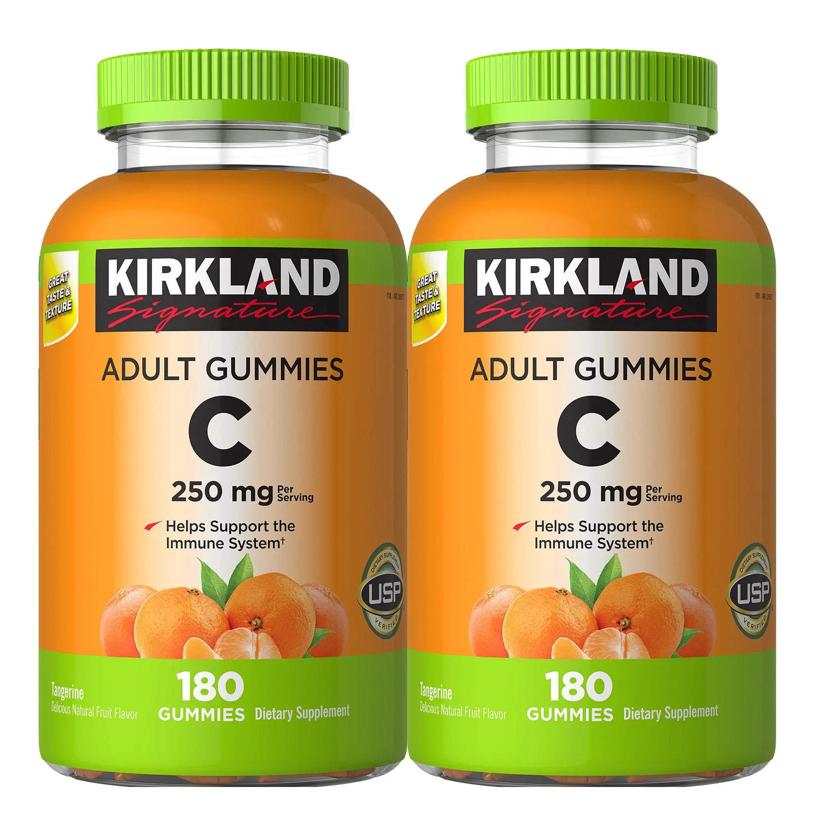 Kirkland Signature Vitamin C 250 mg 360 Adult Gummies Natural Fruit Flavors USP Verified 2 Bottles 180 Gummies Each for Adults