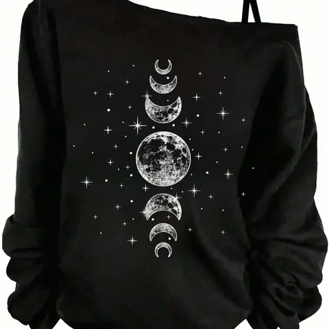 Women's Minimalist Fitted Long Sleeve Asymmetrical Neck Spaghetti Strap Top, Moon Graphic Print Design, Comfortable Everyday Casual Wear for All Seasons, Womenswear
