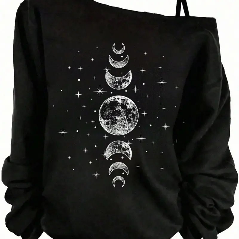 Women's Minimalist Fitted Long Sleeve Asymmetrical Neck Spaghetti Strap Top, Moon Graphic Print Design, Comfortable Everyday Casual Wear for All Seasons, Womenswear