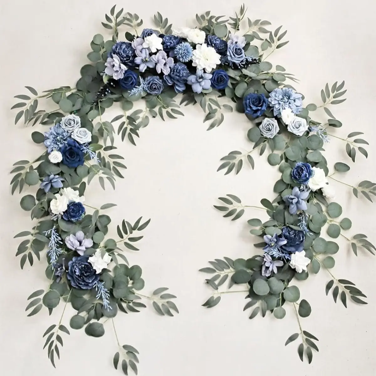 Navy Blue Artificial Floral Garland with Roses & Eucalyptus Leaves - Lightweight Color-Coordinated Artificial Flowers for Wedding Ceremony Backdrop, Photo Props, Home Wall Decor