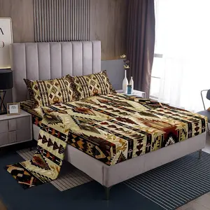 Feelyou Tan Southwestern Bedding Set - Breathable Sheets, Geometric Tribal Native American Indian Design, Vintage Stripe Exotic Decorative Bed Sheet Sets