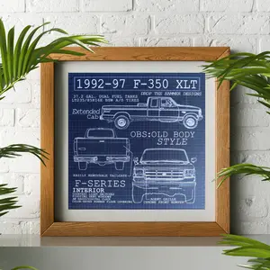 OBS Ext Cab Long Bed Old Body Style 1992-1997 F250 F350 Blueprint Poster 12x12in Decor Decoration Artistic