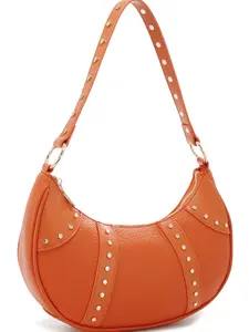 LA TERRE Studded Crescent Hobo Bag - Women's Pebbled Leather Shoulder Bag N2583