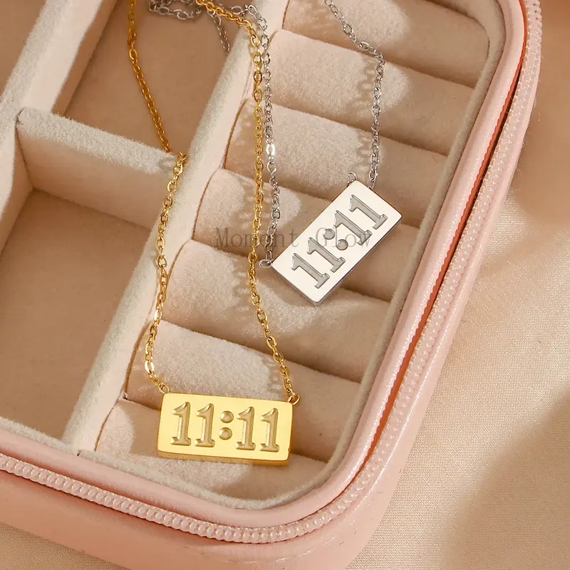 Moment Glow1111Square Digital Pendant Necklace Women's Trendy Jewelry Gold Silver Color Stainless Steel Necklace