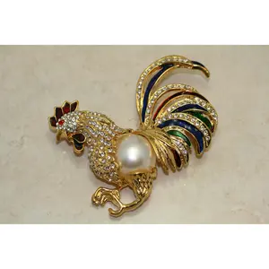 Vintage Large Enamel Plumage Rooster Brooch - Pave Rhinestones, Faux Mabe Pearl Belly, Heavy Weight, 3"+ Pin for Fashion & Clothes Accessories