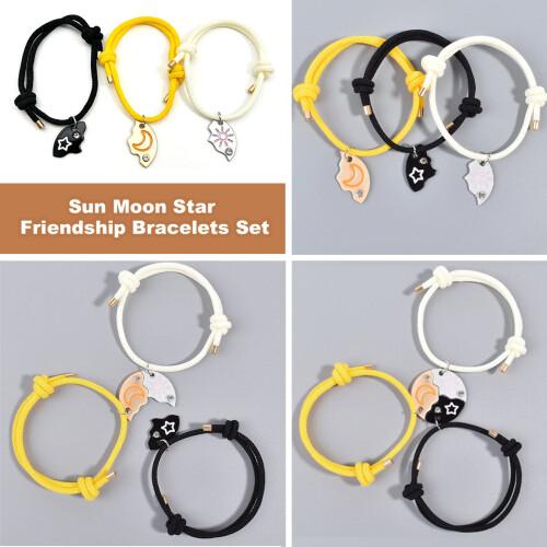 3-Pcs Sun, Moon, Star Magnetic Bracelet, BFF Puzzle Design Jewelry with Sequin Details, Ideal Friendship Gift for Sister & Best Friends, Graduation Back to School Gift