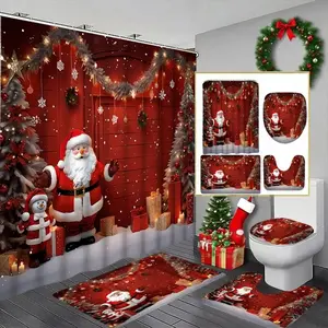 1/4pc Christmas Snowman and Santa Claus Pattern Shower Curtain Set, includes non-slip mat, U-shaped rug, and toilet seat cover, for bathroom decoration, with 12 shower curtain hooks, Bathroom decoration accessories