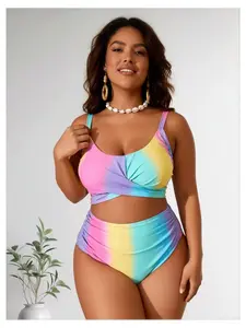 Plus Size Rainbow Bikini Set for Women - High Waisted Swimsuit, Knitted Two Piece Bathing Suit, Summer Beach Wear, Curve & Chloe Style, 14-26